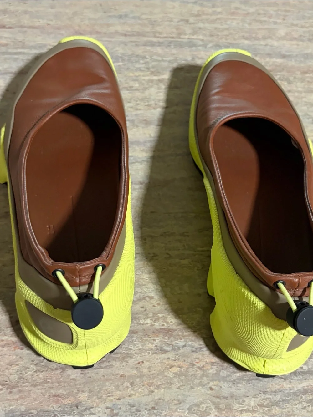 Ecco Biom Natural Motion Brown Leather Slip-On Sneakers with Neon Yellow Accents